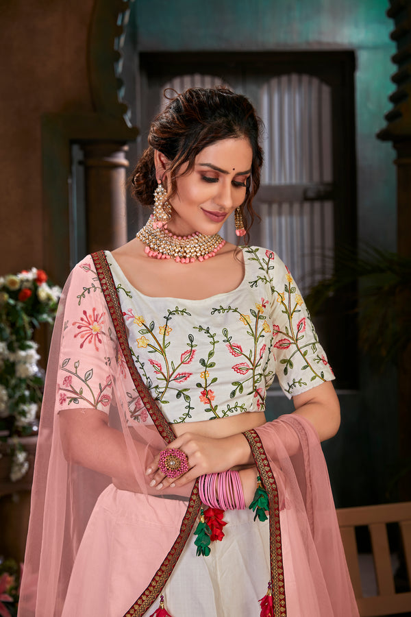 White Multi Thread Embroidered Cotton Wedding Wear Lehenga Choli ClothsVilla