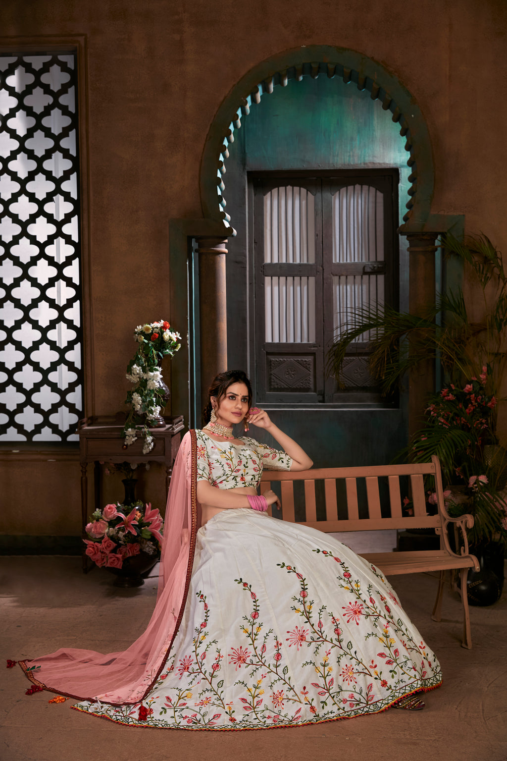 White Multi Thread Embroidered Cotton Wedding Wear Lehenga Choli ClothsVilla