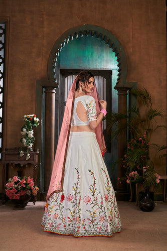 White Multi Thread Embroidered Cotton Wedding Wear Lehenga Choli ClothsVilla