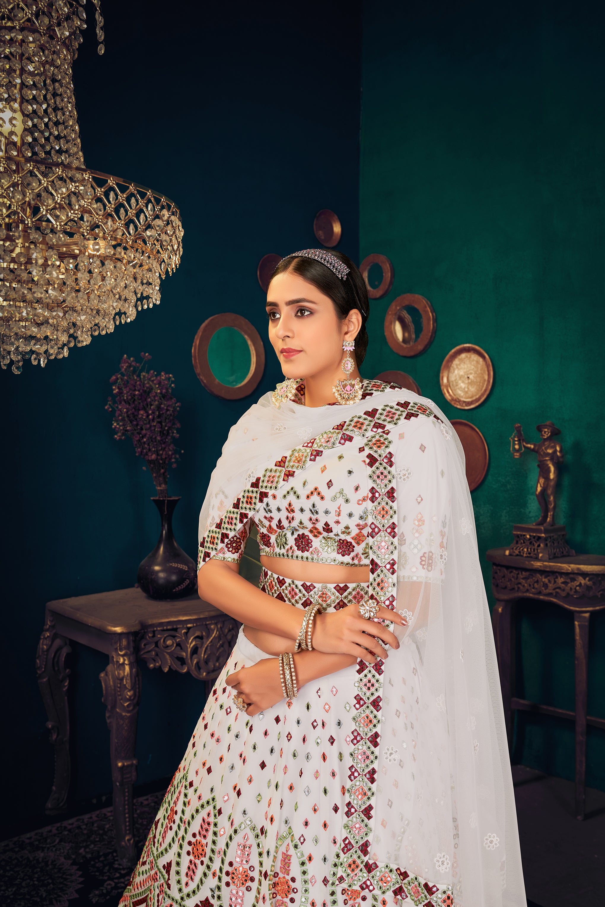 White Multi Thread Gotta Work Georgette Wedding Lehenga Choli ClothsVilla