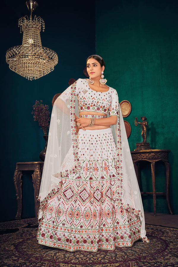 White Multi Thread Gotta Work Georgette Wedding Lehenga Choli ClothsVilla