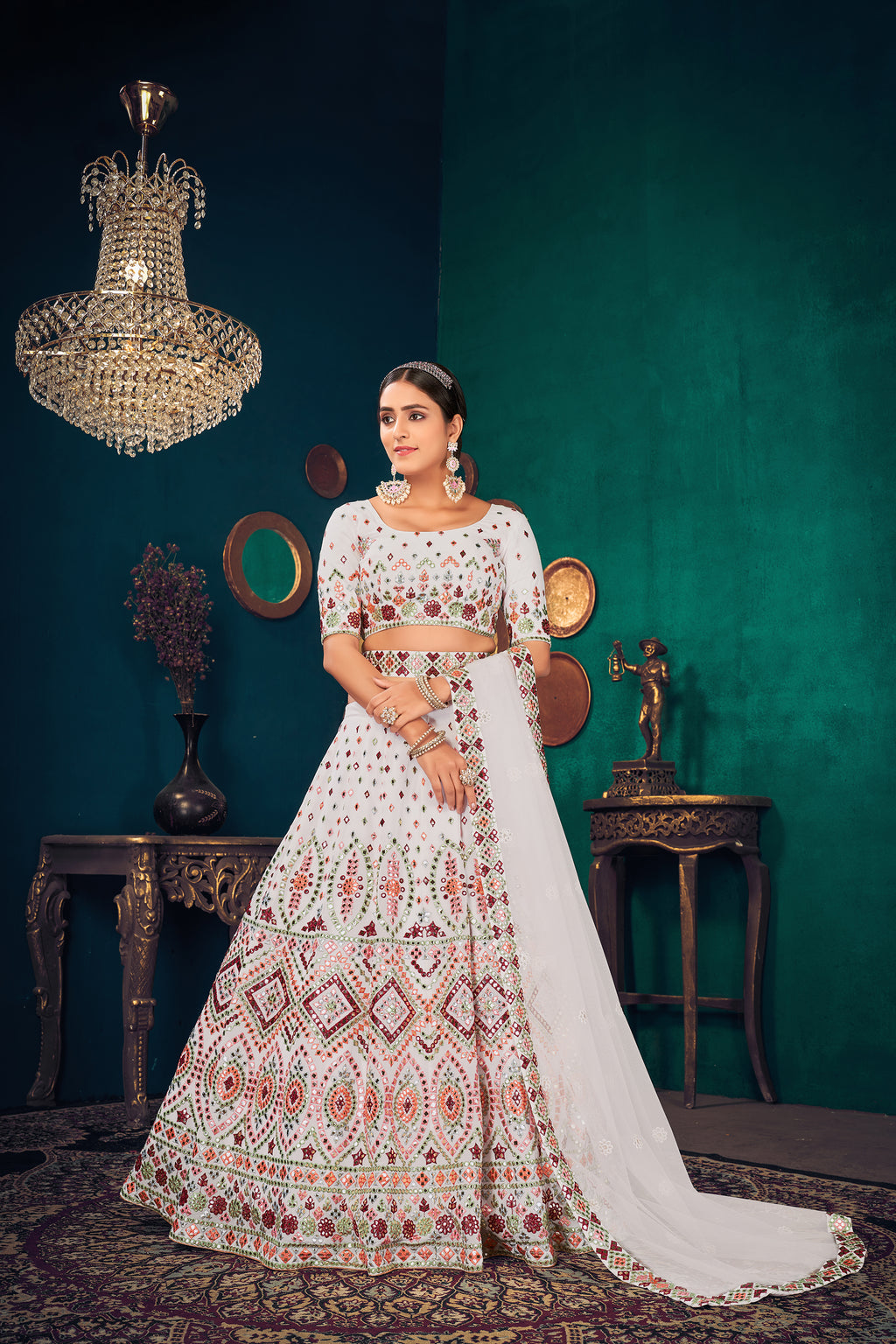 White Multi Thread Gotta Work Georgette Wedding Lehenga Choli ClothsVilla