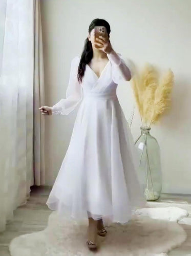 White Prom Dresses V-Neck Puffy Sleeves A-Line Evening Gown for Wedding Clothsvilla