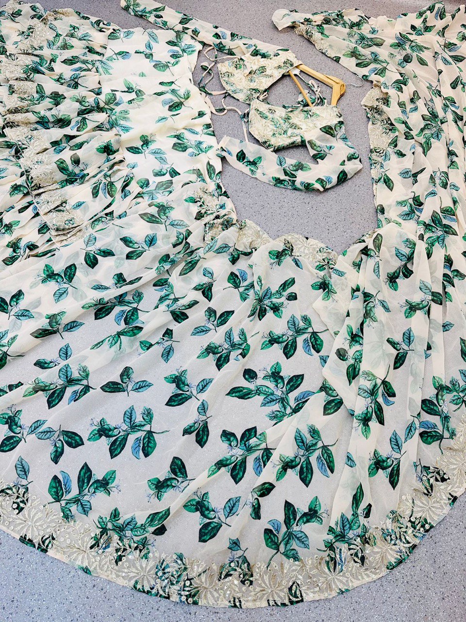 White Ruffle Saree in Georgette with Floral Print and Embroidery Clothsvilla