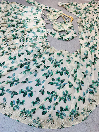 White Ruffle Saree in Georgette with Floral Print and Embroidery Clothsvilla