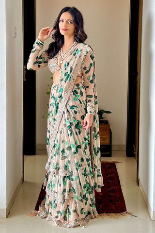 White Ruffle Saree in Georgette with Floral Print and Embroidery Clothsvilla