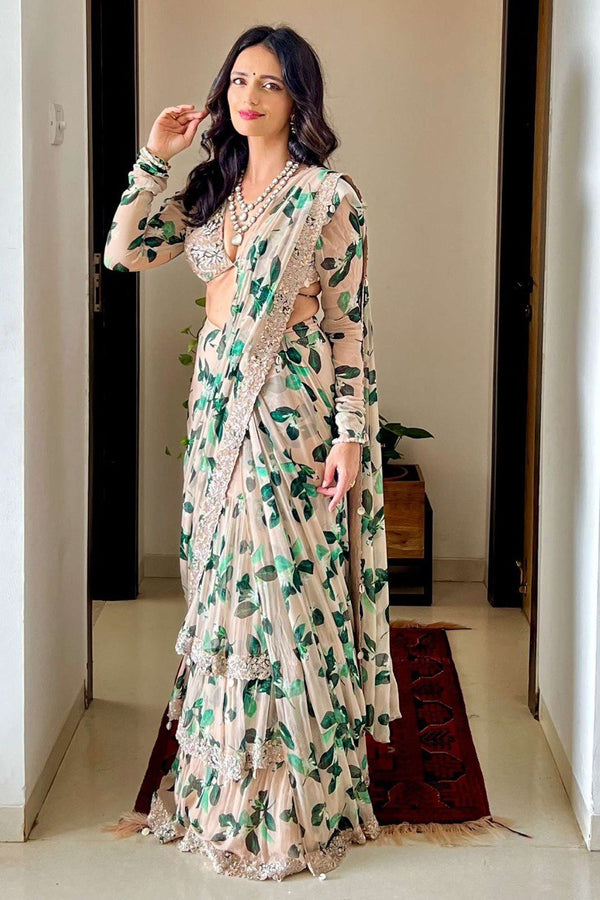 White Ruffle Saree in Georgette with Floral Print and Embroidery Clothsvilla