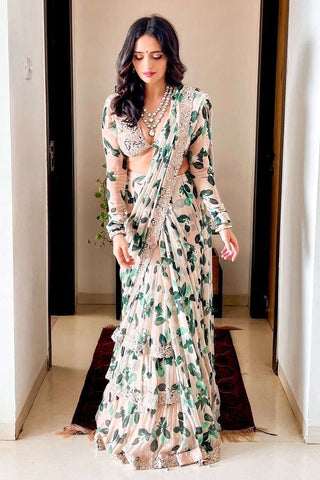 White Ruffle Saree in Georgette with Floral Print and Embroidery Clothsvilla