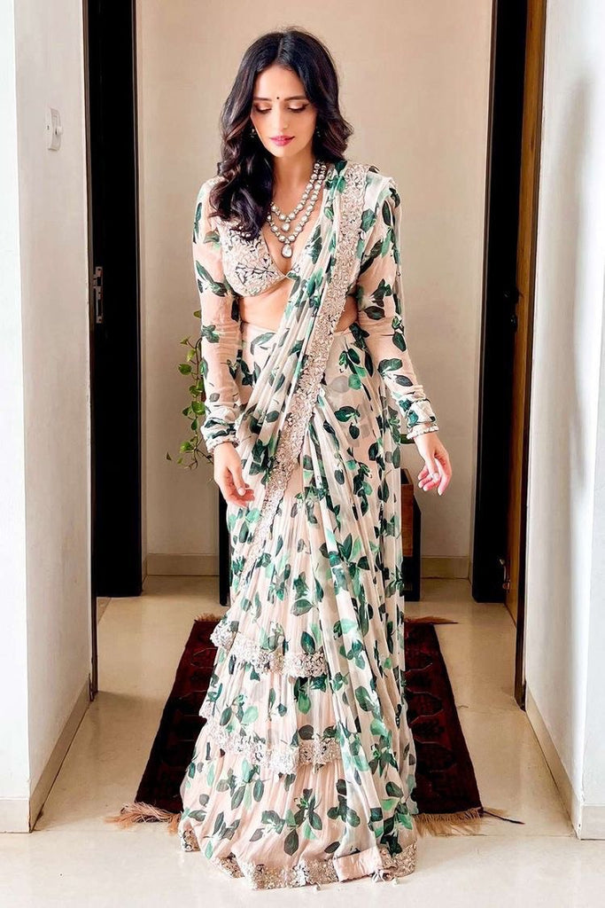 Gorgeous actress Nandita Swethaa wearing butterfly print saree. Saree from  Sshri clothings. Croptop - myntra. 2022-01-