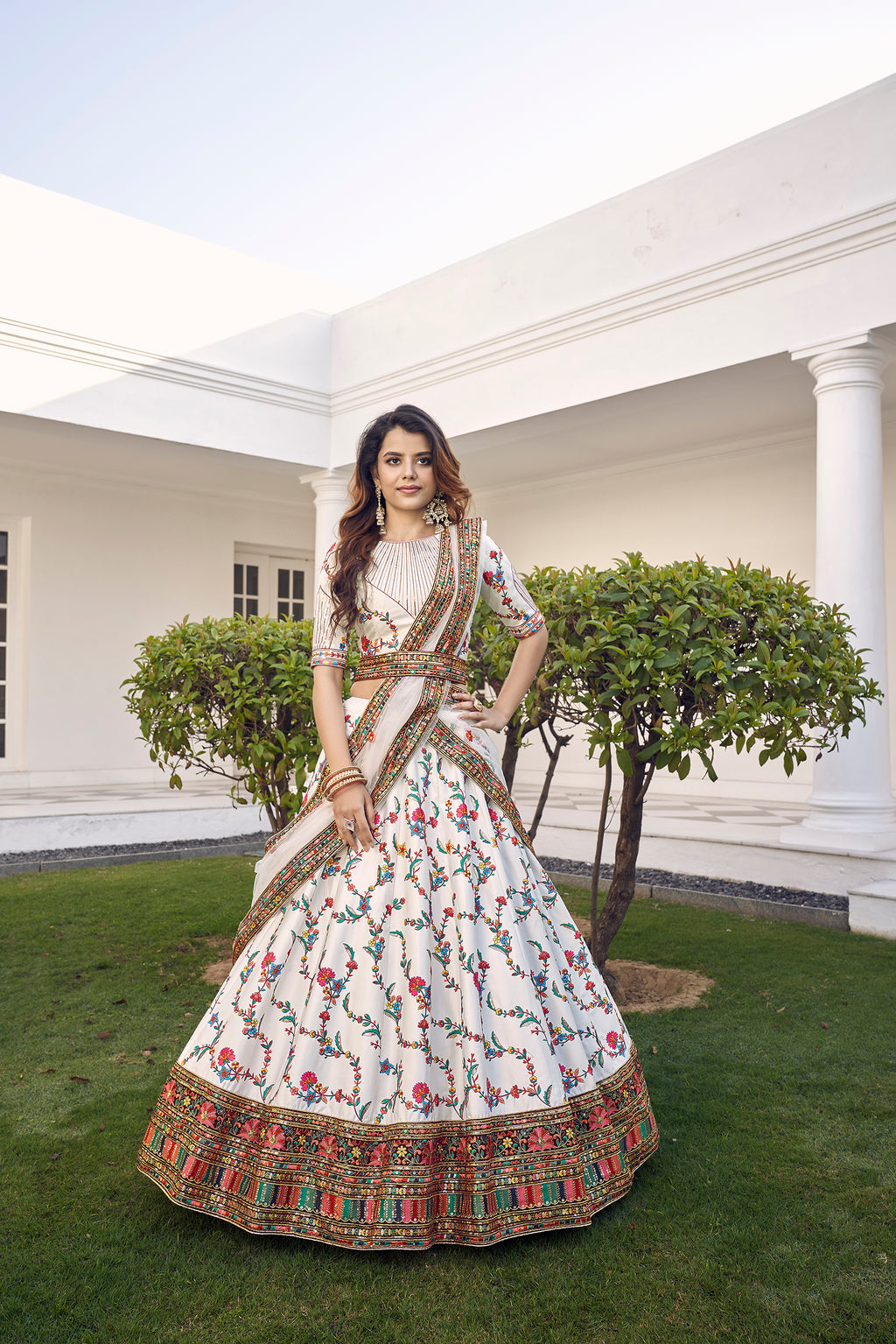 White Silk Embroidered Bridal Reception Heavy Border Lehenga Choli ClothsVilla