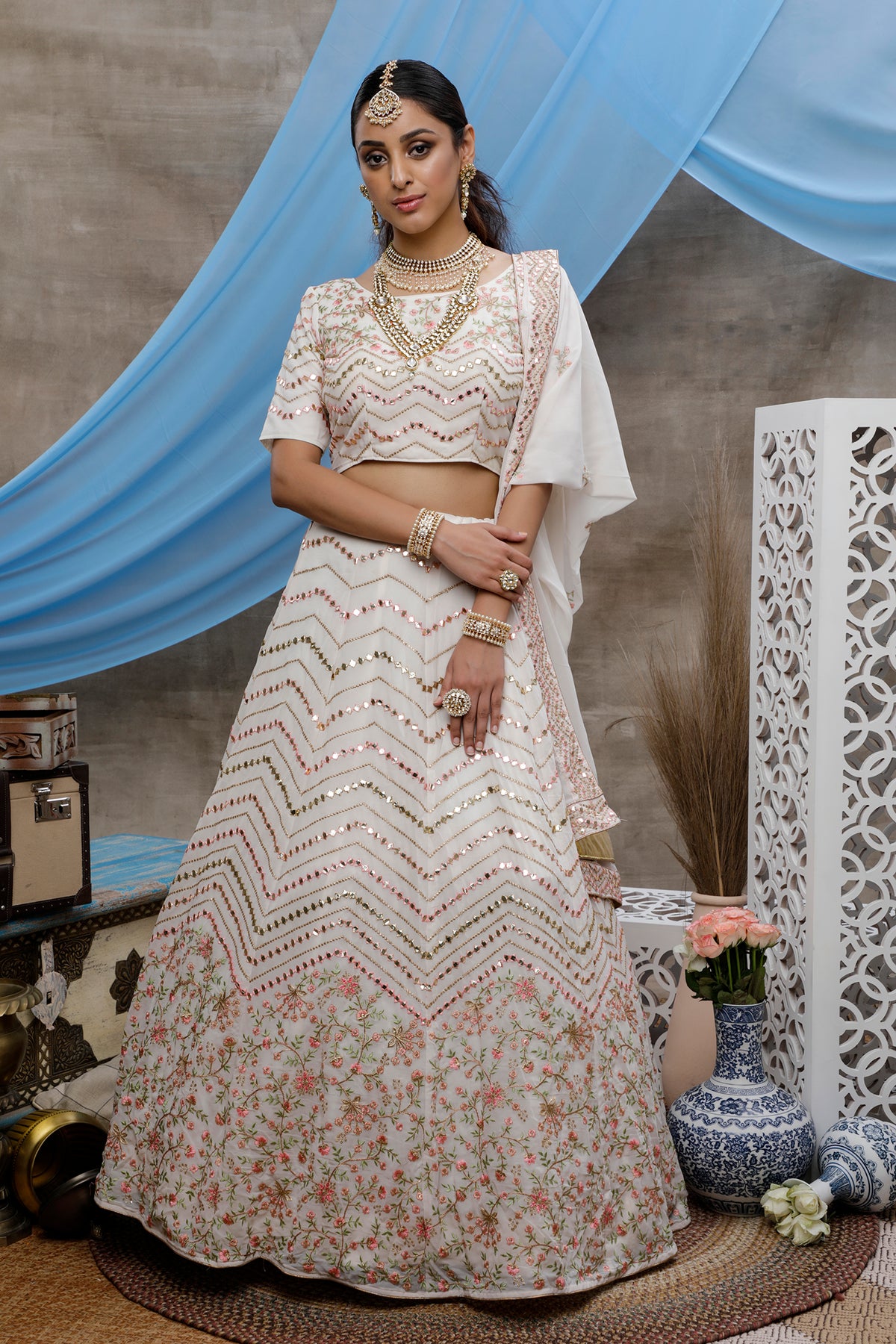 White Thread, Sequence And Gota Patti Embroidered Georgette Semi Stitched Bridal Lehenga ClothsVilla Main image