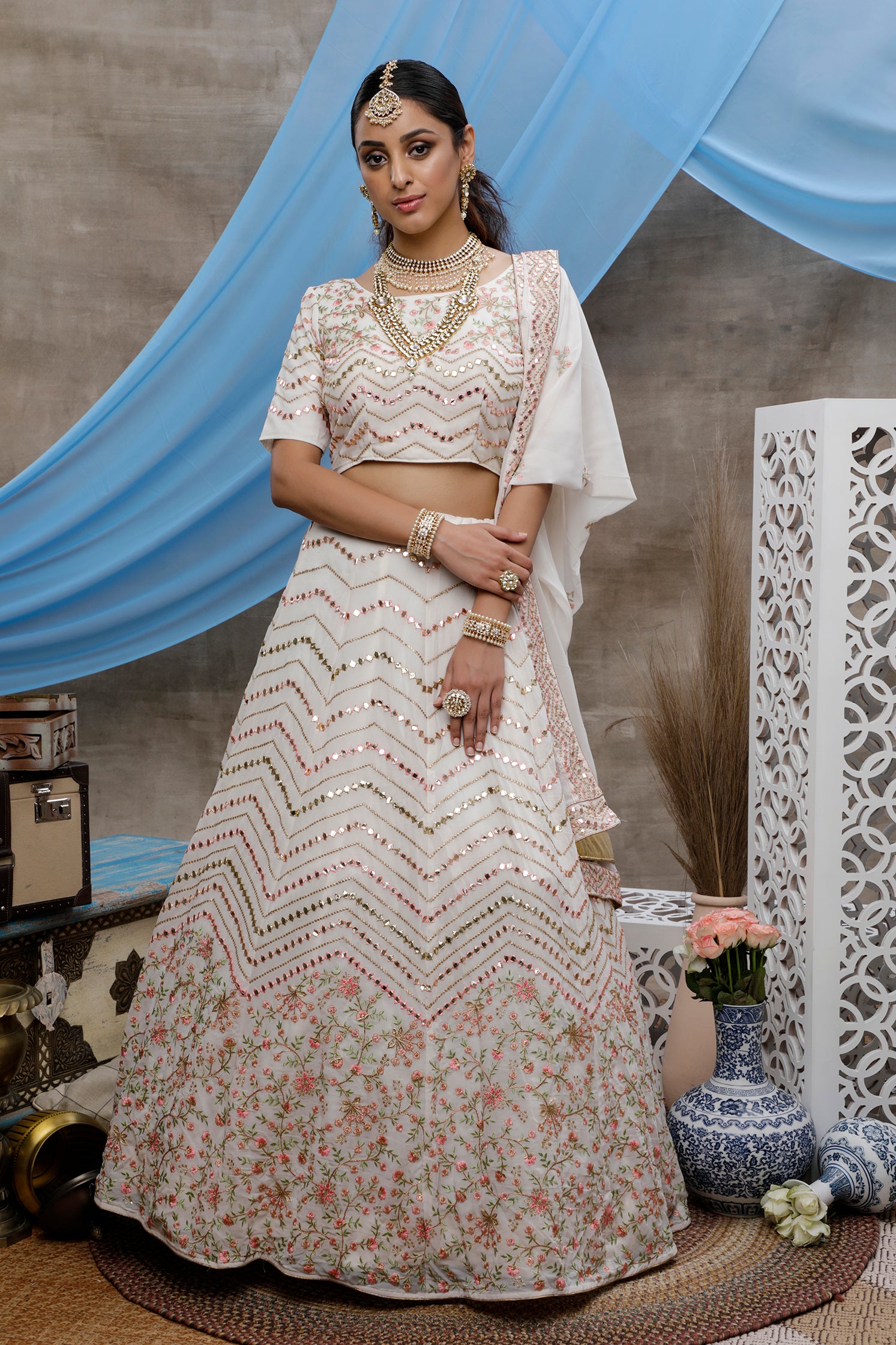 White Thread, Sequence And Gota Patti Embroidered Georgette Semi Stitched Bridal Lehenga ClothsVilla