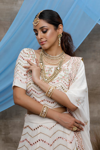 White Thread, Sequence And Gota Patti Embroidered Georgette Semi Stitched Bridal Lehenga ClothsVilla