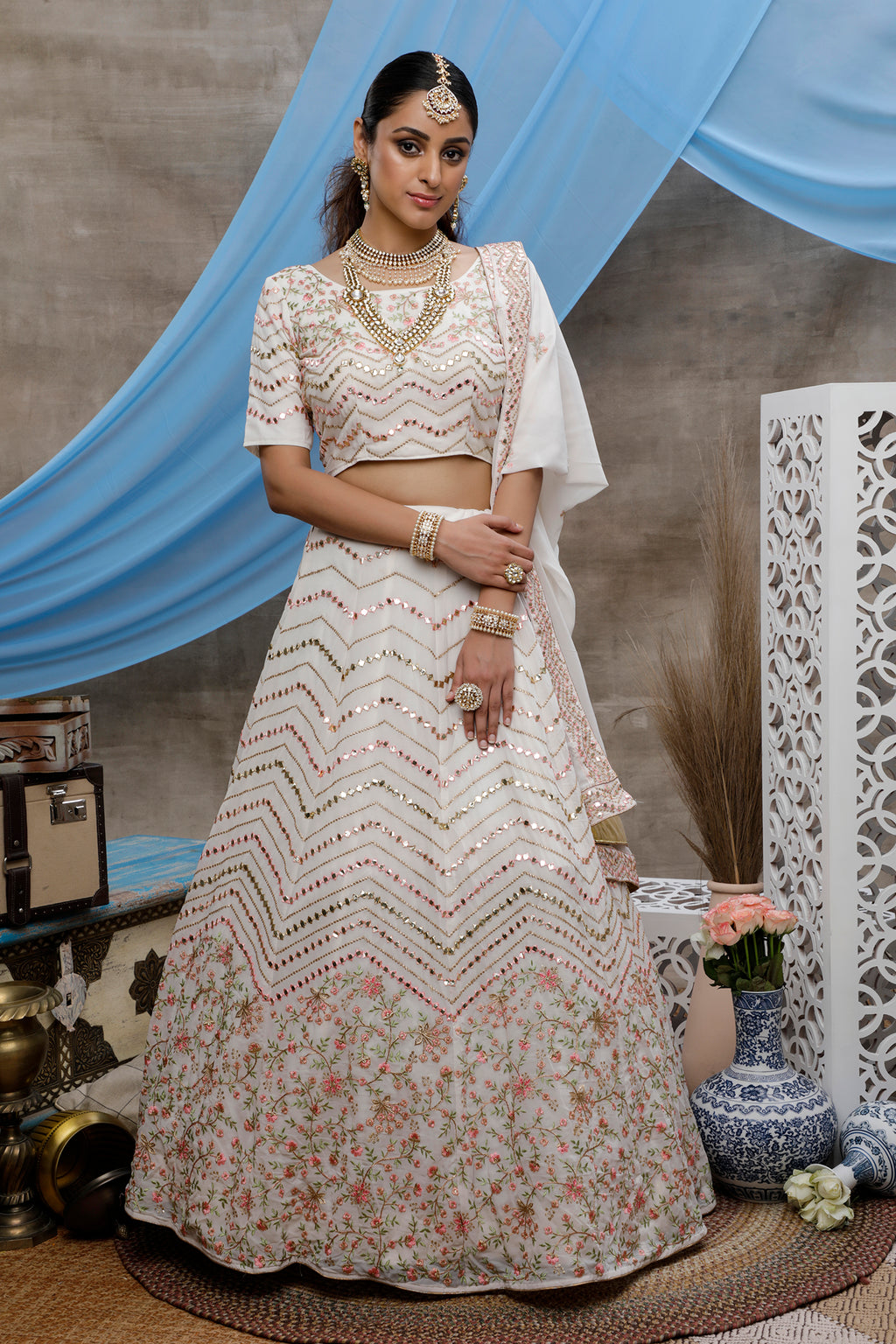 White Thread, Sequence And Gota Patti Embroidered Georgette Semi Stitched Bridal Lehenga ClothsVilla