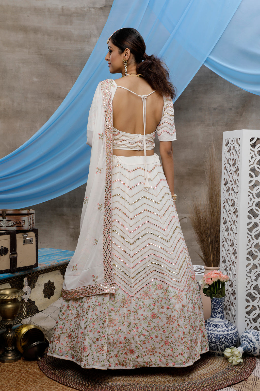 White Thread, Sequence And Gota Patti Embroidered Georgette Semi Stitched Bridal Lehenga ClothsVilla