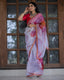 White With Pink Color Lace Work Flower Print Organza Saree Clothsvilla