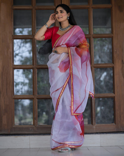 White With Pink Color Lace Work Flower Print Organza Saree Clothsvilla