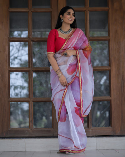 White With Pink Color Lace Work Flower Print Organza Saree Clothsvilla