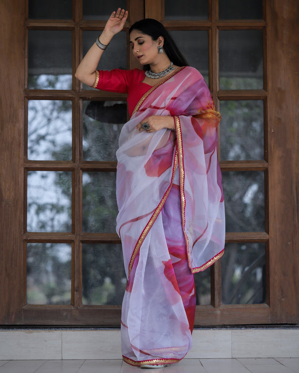 White With Pink Color Lace Work Flower Print Organza Saree Clothsvilla