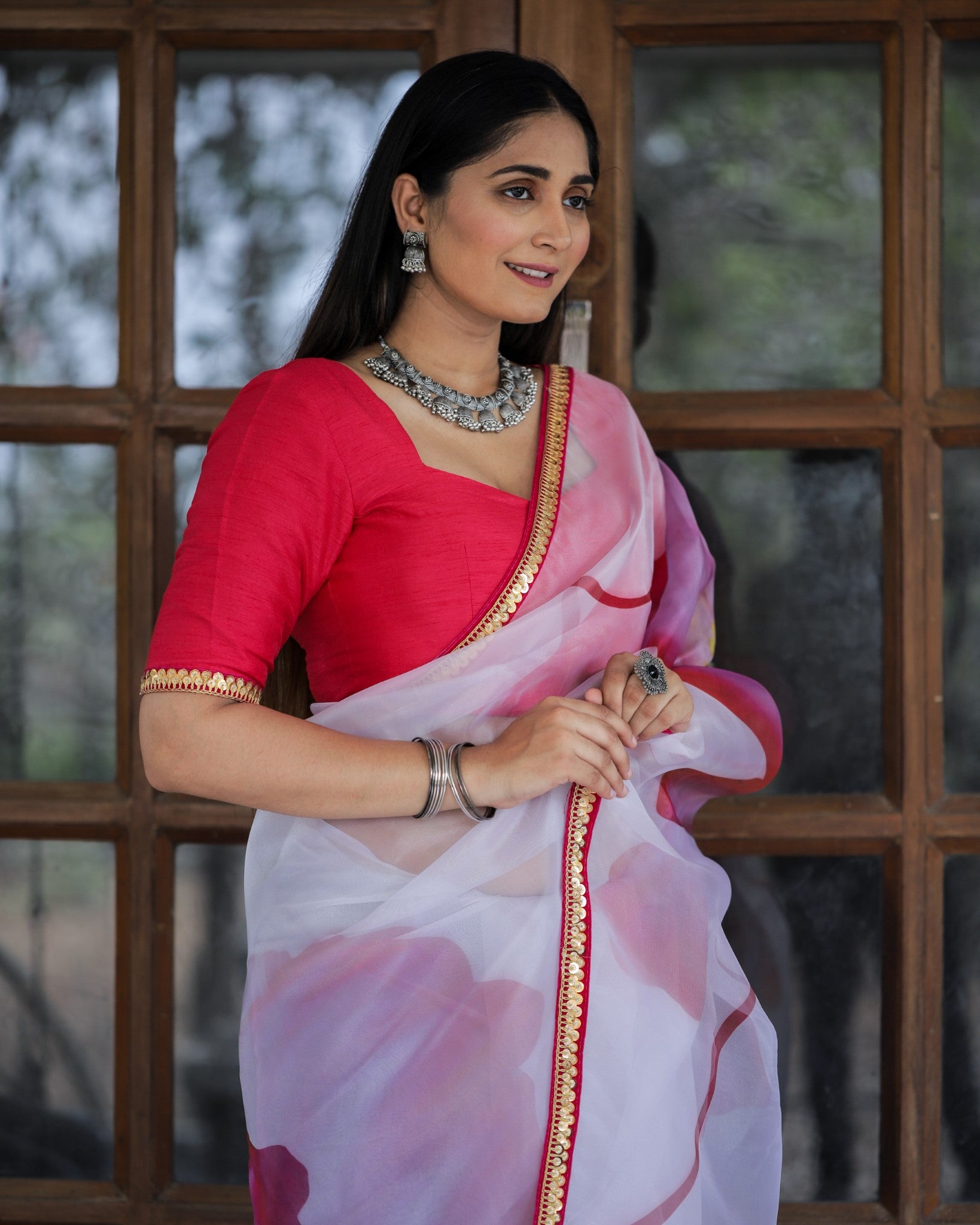 White With Pink Color Lace Work Flower Print Organza Saree Clothsvilla