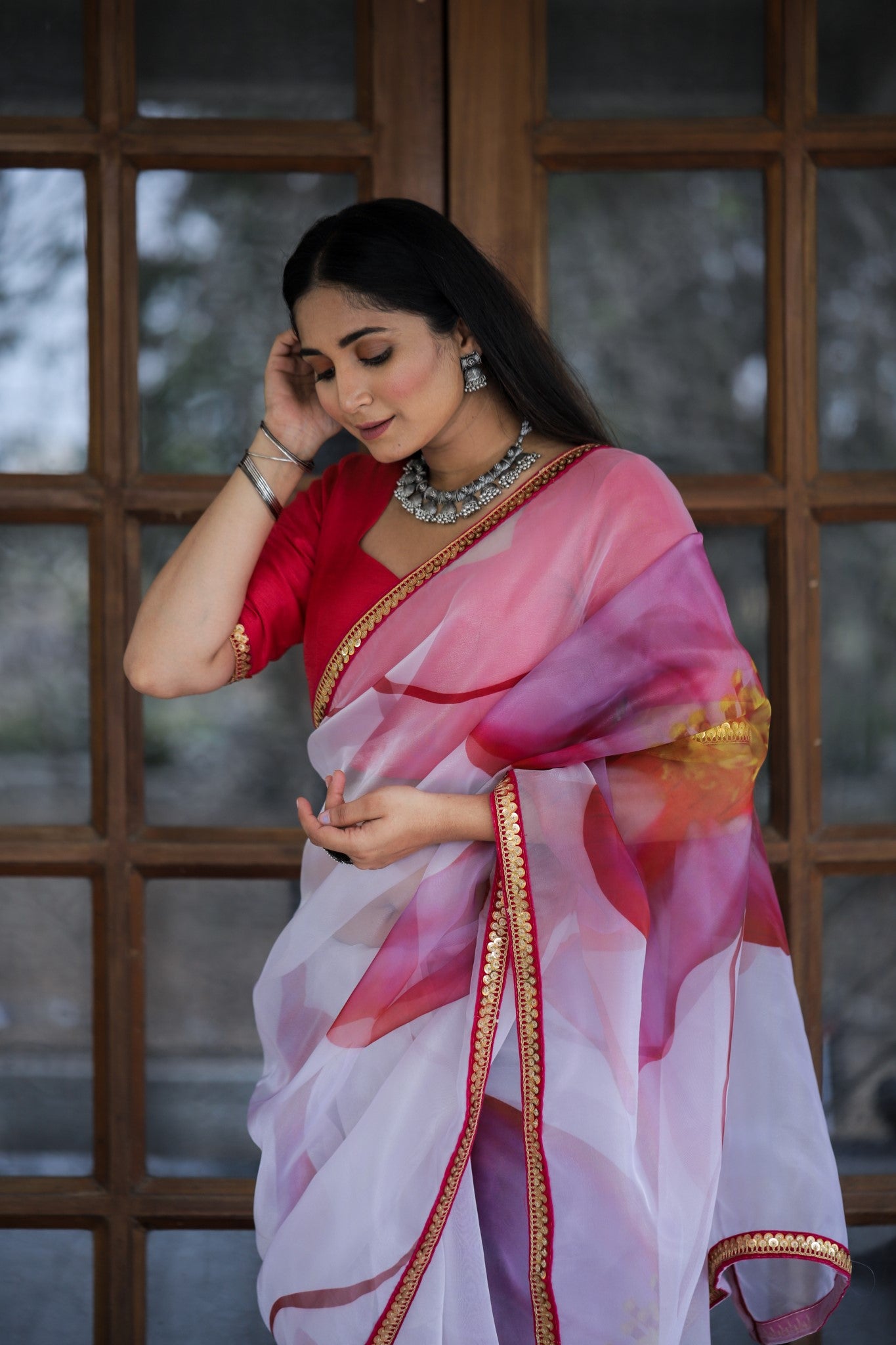 White With Pink Color Lace Work Flower Print Organza Saree Clothsvilla