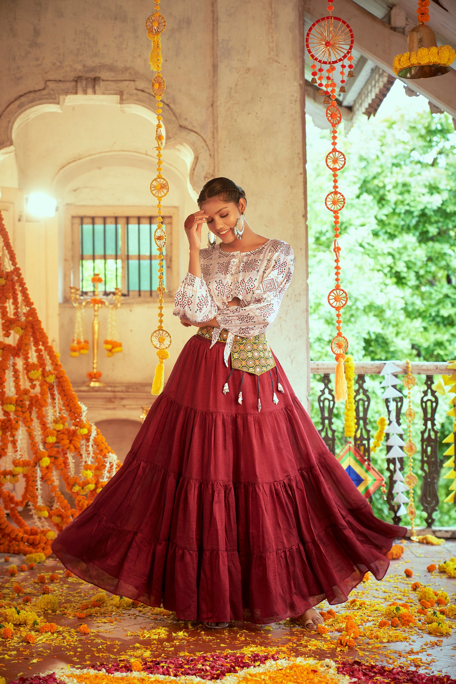 White With Red Color Navratri Special Ready To Wear Croptop Lehenga Clothsvilla