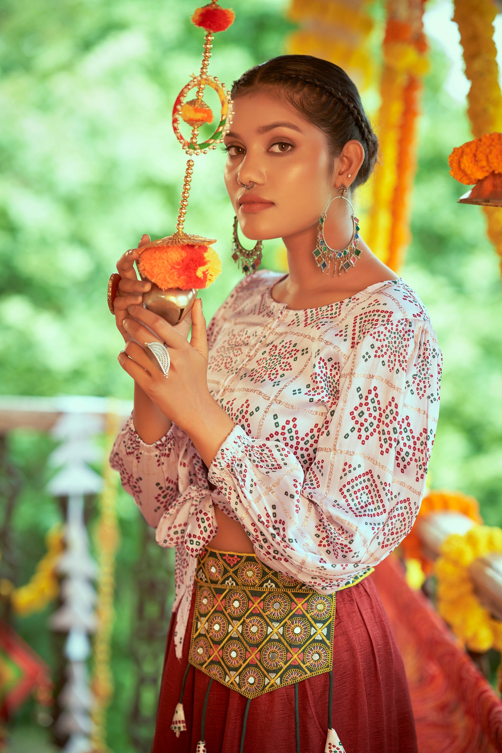 White With Red Color Navratri Special Ready To Wear Croptop Lehenga Clothsvilla