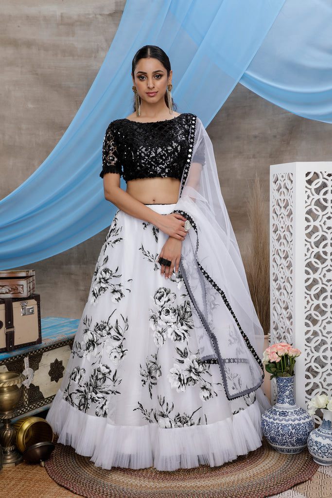 White & Black Multi Color Block Print With Sequins Embroidered Soft Organza Semi Stitched Bridal Lehenga Choli ClothsVilla