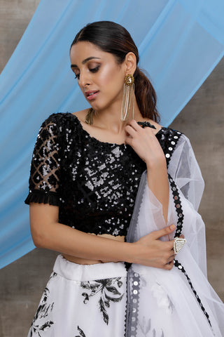 White & Black Multi Color Block Print With Sequins Embroidered Soft Organza Semi Stitched Bridal Lehenga Choli ClothsVilla