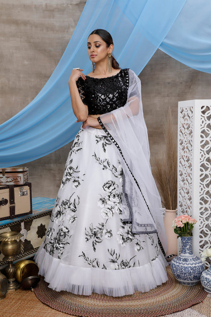 White & Black Multi Color Block Print With Sequins Embroidered Soft Organza Semi Stitched Bridal Lehenga Choli ClothsVilla