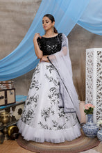 Load image into Gallery viewer, White &amp; Black Multi Color Block Print With Sequins Embroidered Soft Organza Semi Stitched Bridal Lehenga Choli ClothsVilla