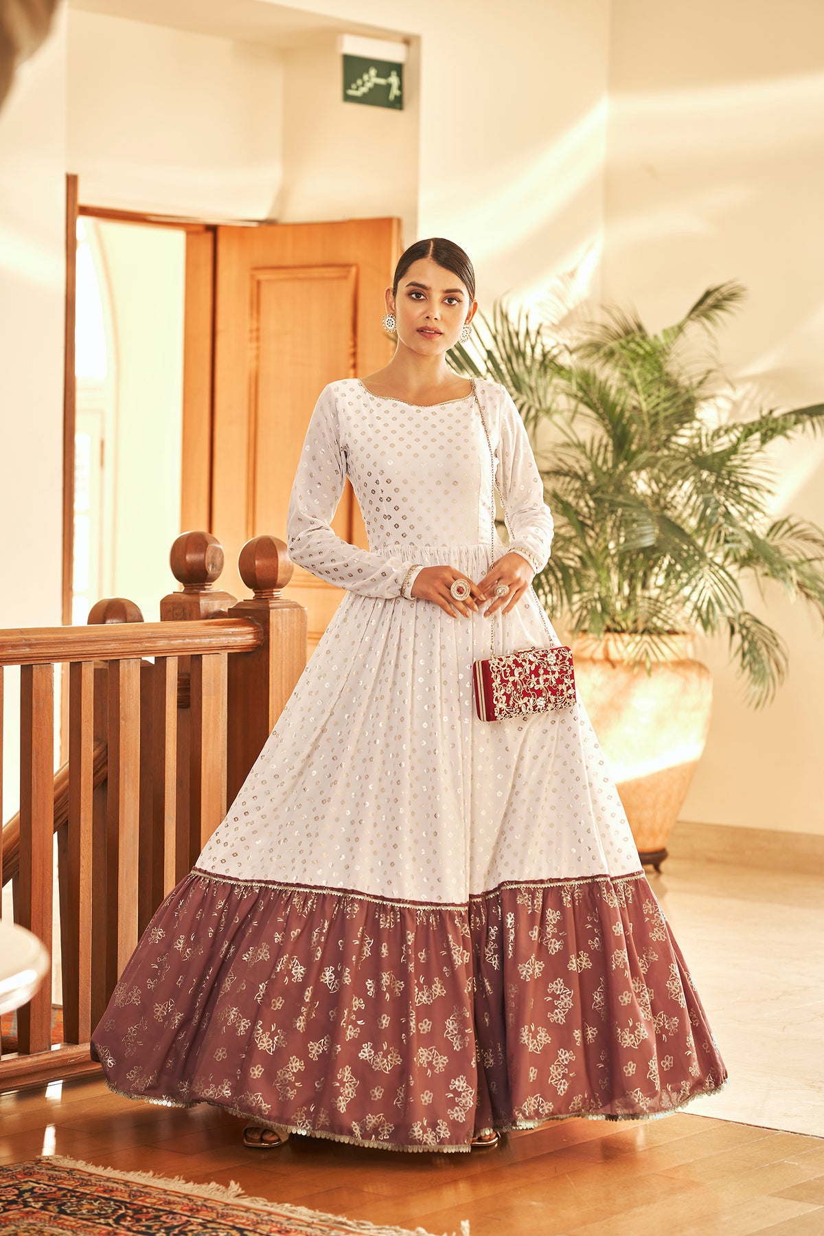 White & Brown Metallic Foilage Print Georgette Anarkali Long Gown Semi Stitched ClothsVilla
