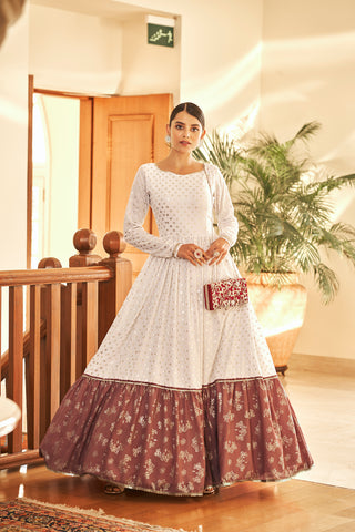 White & Brown Metallic Foilage Print Georgette Anarkali Long Gown Semi Stitched ClothsVilla