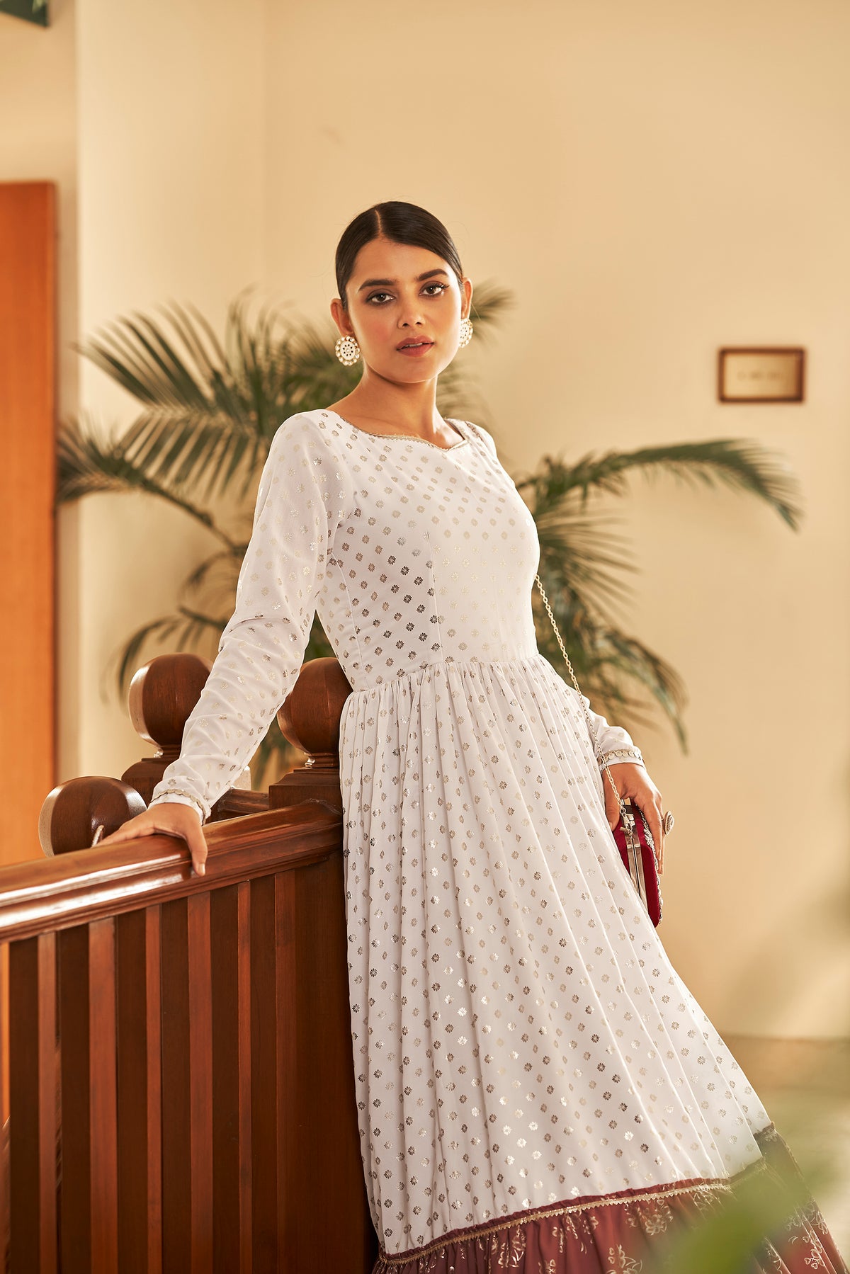 White & Brown Metallic Foilage Print Georgette Anarkali Long Gown Semi Stitched ClothsVilla