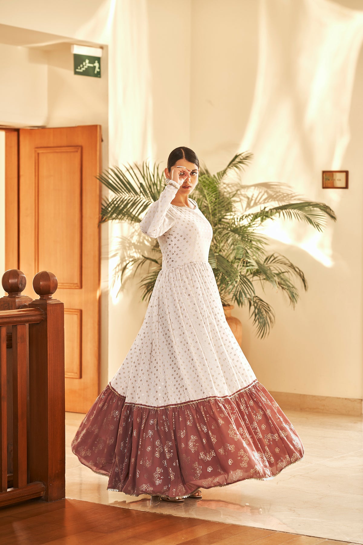 White & Brown Metallic Foilage Print Georgette Anarkali Long Gown Semi Stitched ClothsVilla