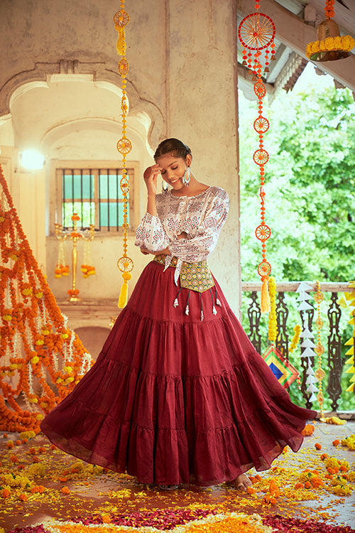 White Gajji Silk Printed Navratri Special Crop-Top Skirt ClothsVilla.com