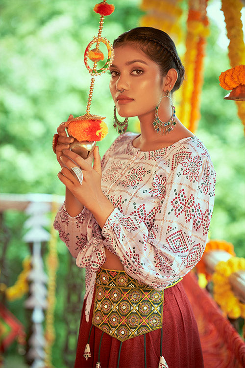 White Gajji Silk Printed Navratri Special Crop-Top Skirt ClothsVilla.com