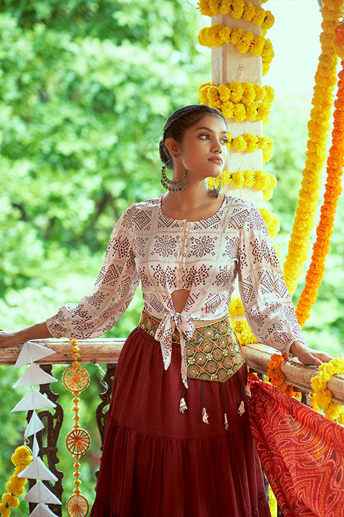 White Gajji Silk Printed Navratri Special Crop-Top Skirt ClothsVilla.com