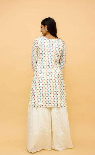 White Pakistani Georgette Plazo Suit For Indian Festival & Weddings - Thread Embroidery Work, Foil Mirror Work, Clothsvilla