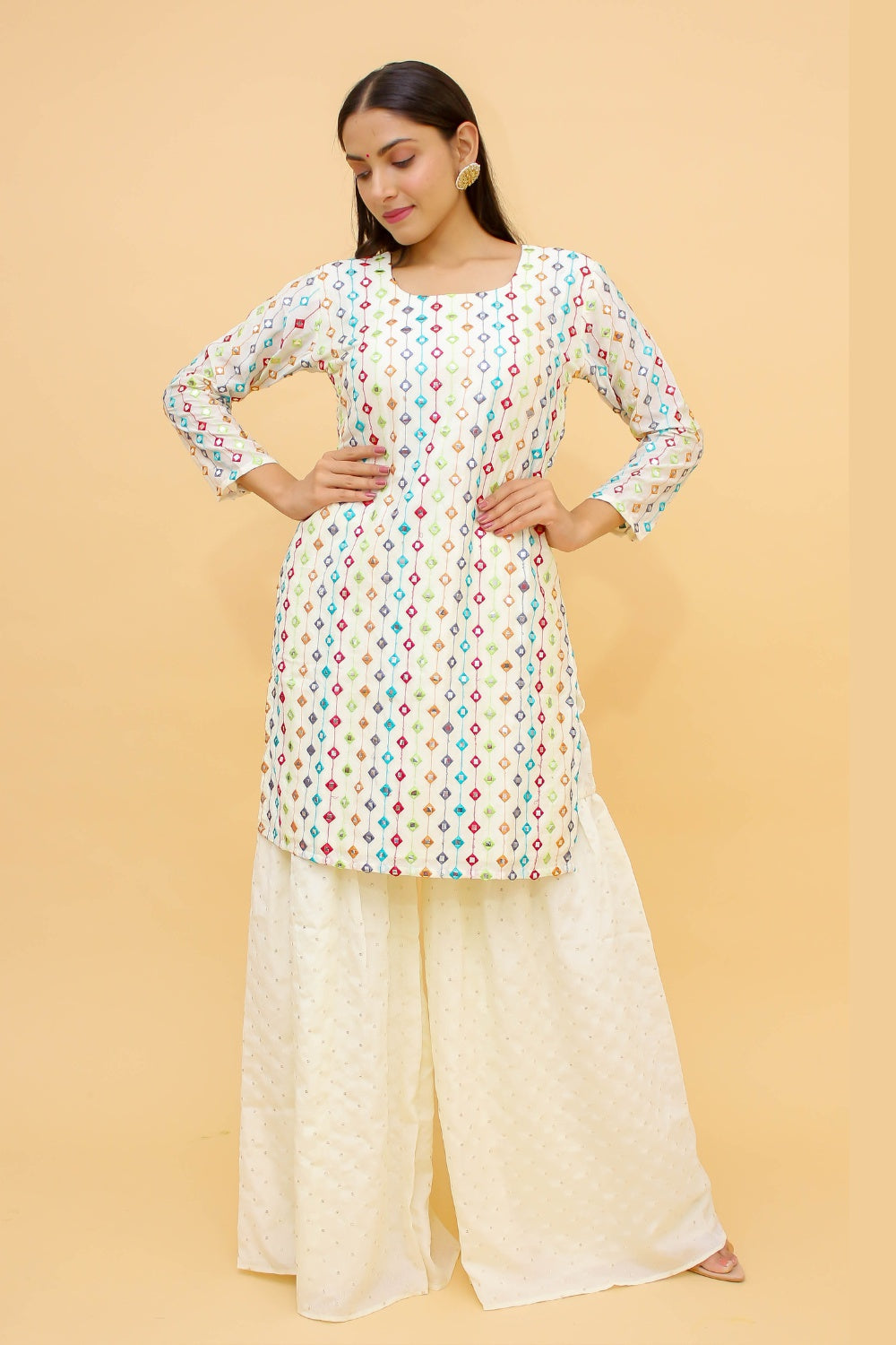 White Pakistani Georgette Plazo Suit For Indian Festival & Weddings - Thread Embroidery Work, Foil Mirror Work, Clothsvilla Main image