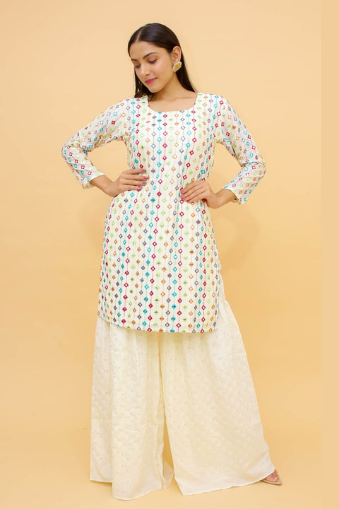 White Pakistani Georgette Plazo Suit For Indian Festival & Weddings - Thread Embroidery Work, Foil Mirror Work, Clothsvilla Main image