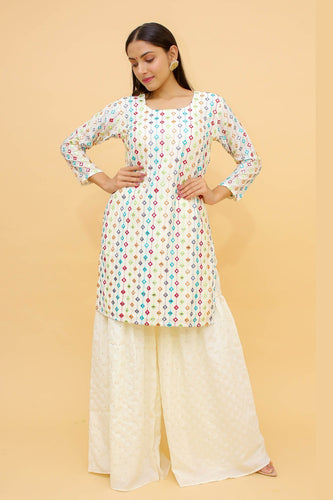 White Pakistani Georgette Plazo Suit For Indian Festival & Weddings - Thread Embroidery Work, Foil Mirror Work, Clothsvilla