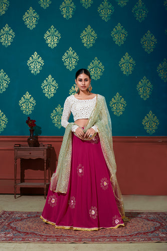 White & Pink Foil Printed Georgette Party Wear Lehenga Choli ClothsVilla