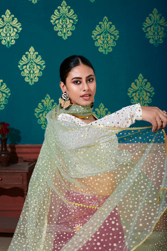 White & Pink Foil Printed Georgette Party Wear Lehenga Choli ClothsVilla