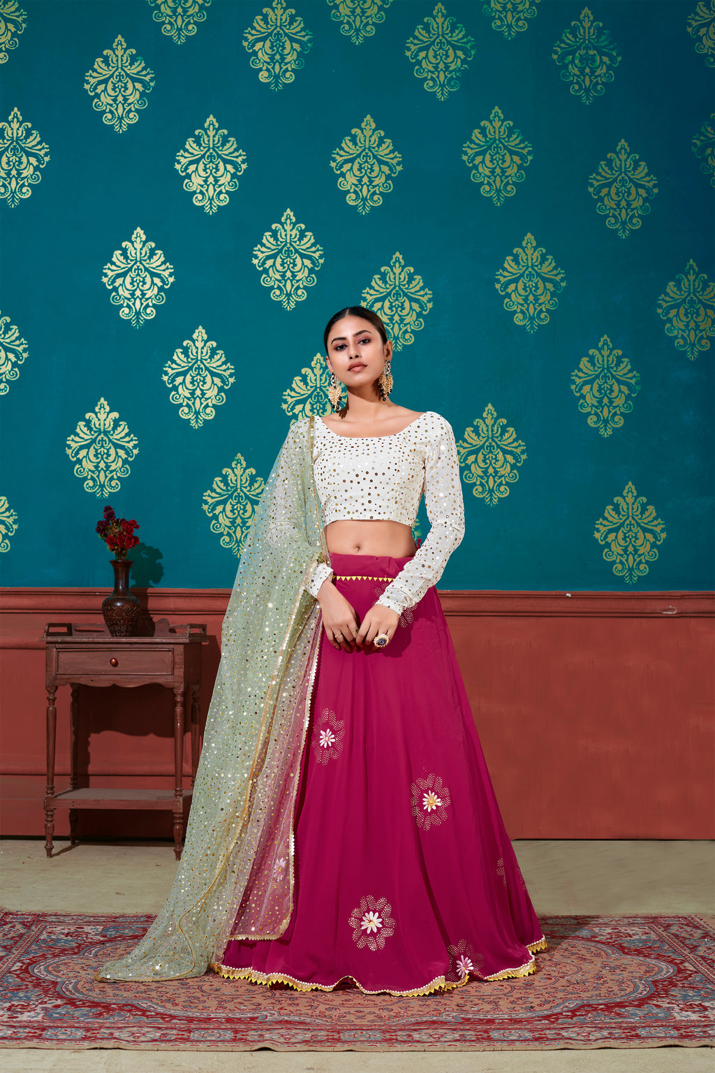 White & Pink Foil Printed Georgette Party Wear Lehenga Choli ClothsVilla