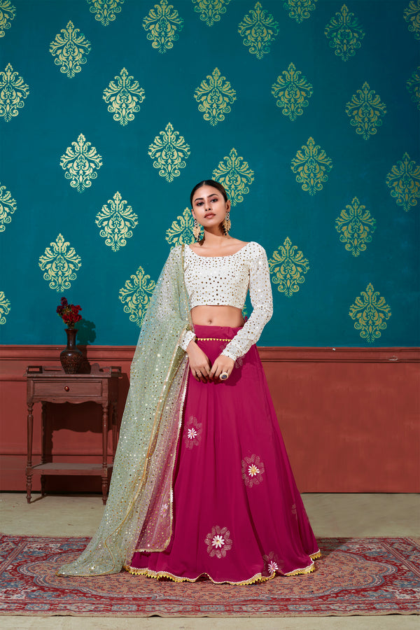 White & Pink Foil Printed Georgette Party Wear Lehenga Choli ClothsVilla