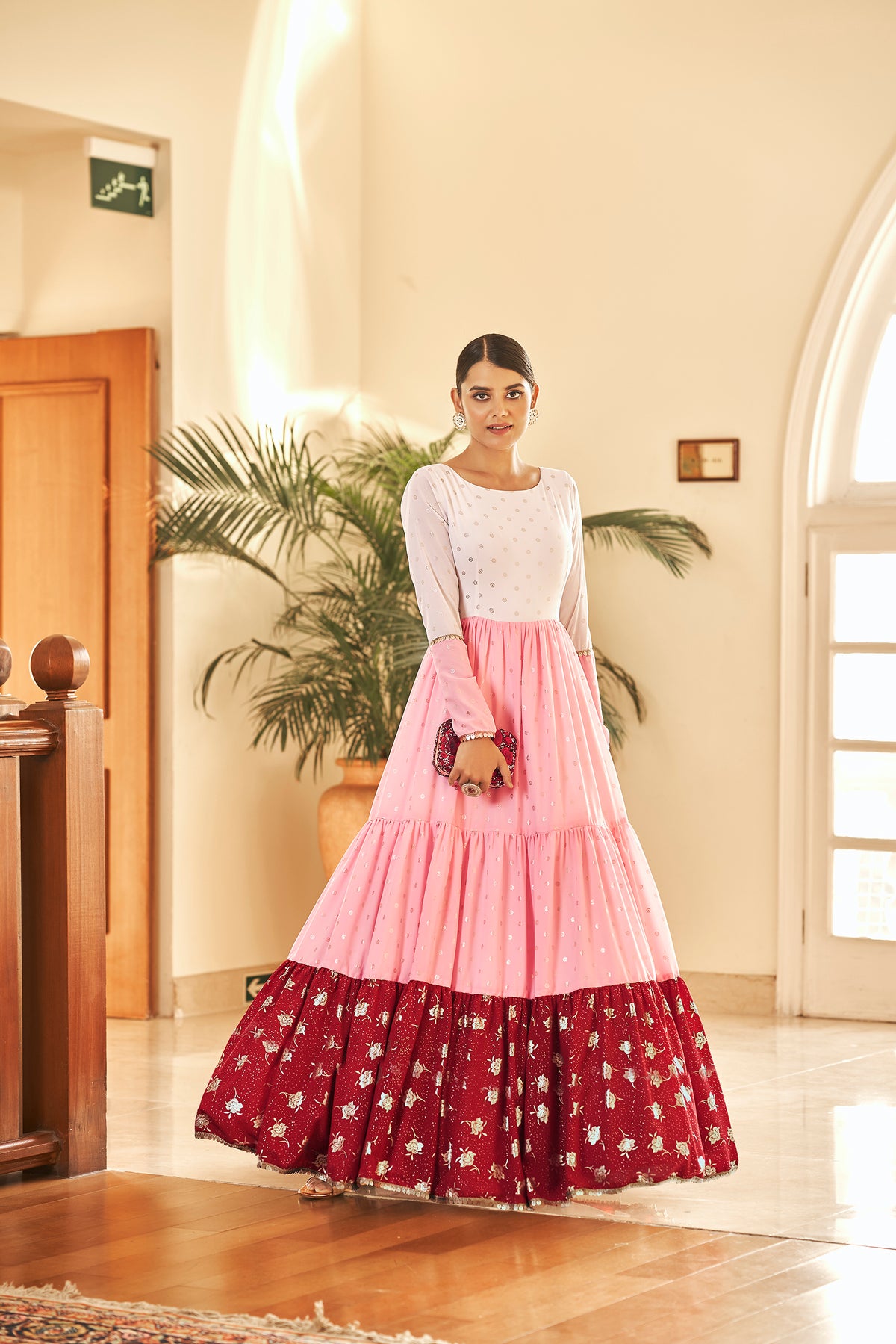 White & Pink & Maroon Metallic Foilage Print Georgette Anarkali Long Gown Semi Stitched ClothsVilla