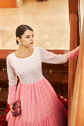 White & Pink & Maroon Metallic Foilage Print Georgette Anarkali Long Gown Semi Stitched ClothsVilla