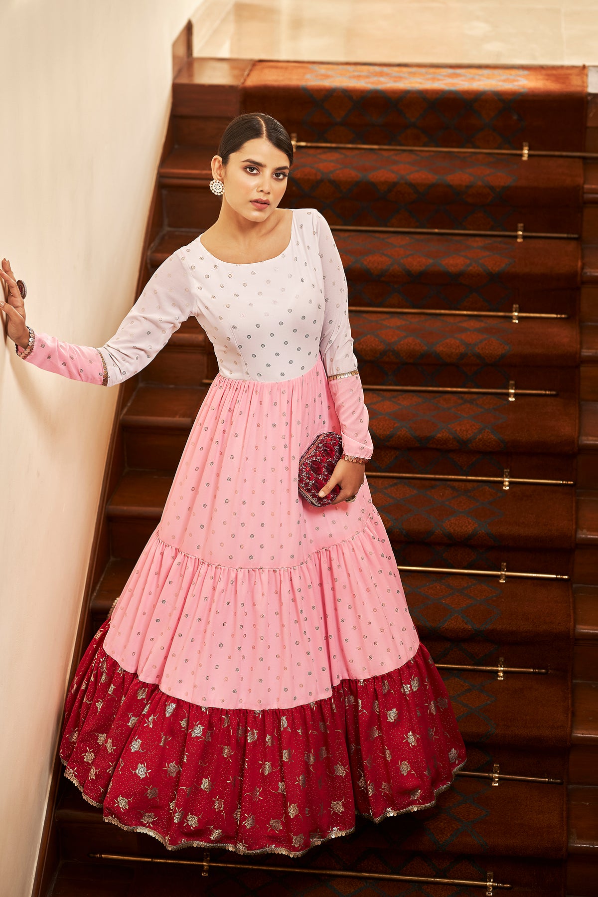 White & Pink & Maroon Metallic Foilage Print Georgette Anarkali Long Gown Semi Stitched ClothsVilla