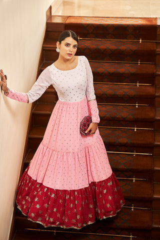 White & Pink & Maroon Metallic Foilage Print Georgette Anarkali Long Gown Semi Stitched ClothsVilla